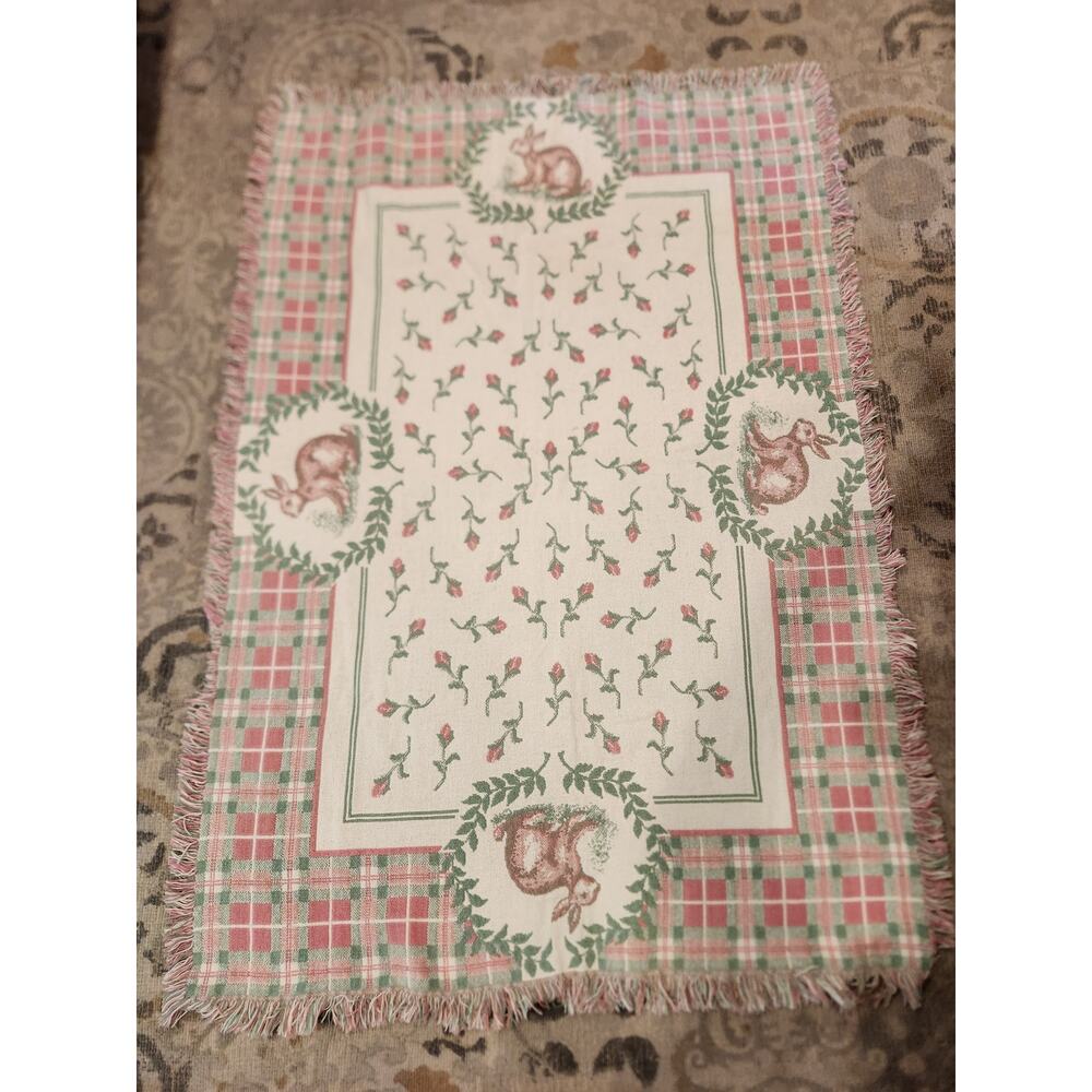 Vintage Woven Bunny Tapestry Throw Blanket 65x35 Reversible‎ Spring Decor 80s